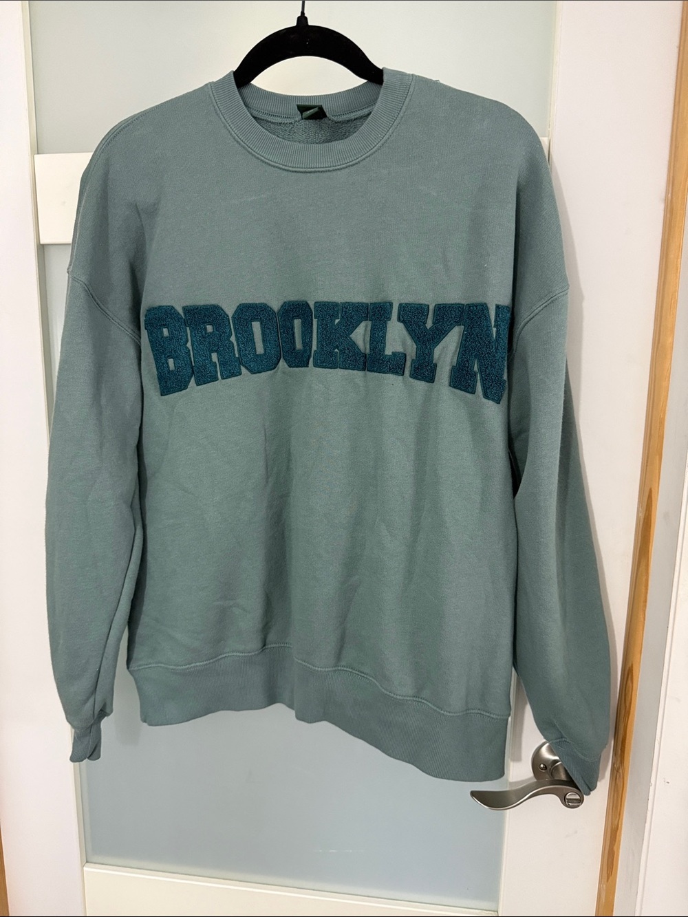wild fable Sage Green Crewneck Sweatshirt with Teal 'BROOKLYN' Appliqué